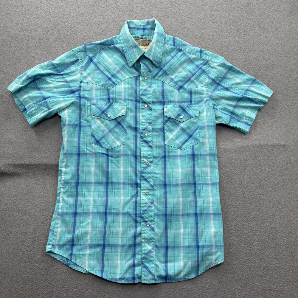 Wrangler Shirt Mens Medium Blue Plaid Western Snap Short Sleeve Casual Cowboy